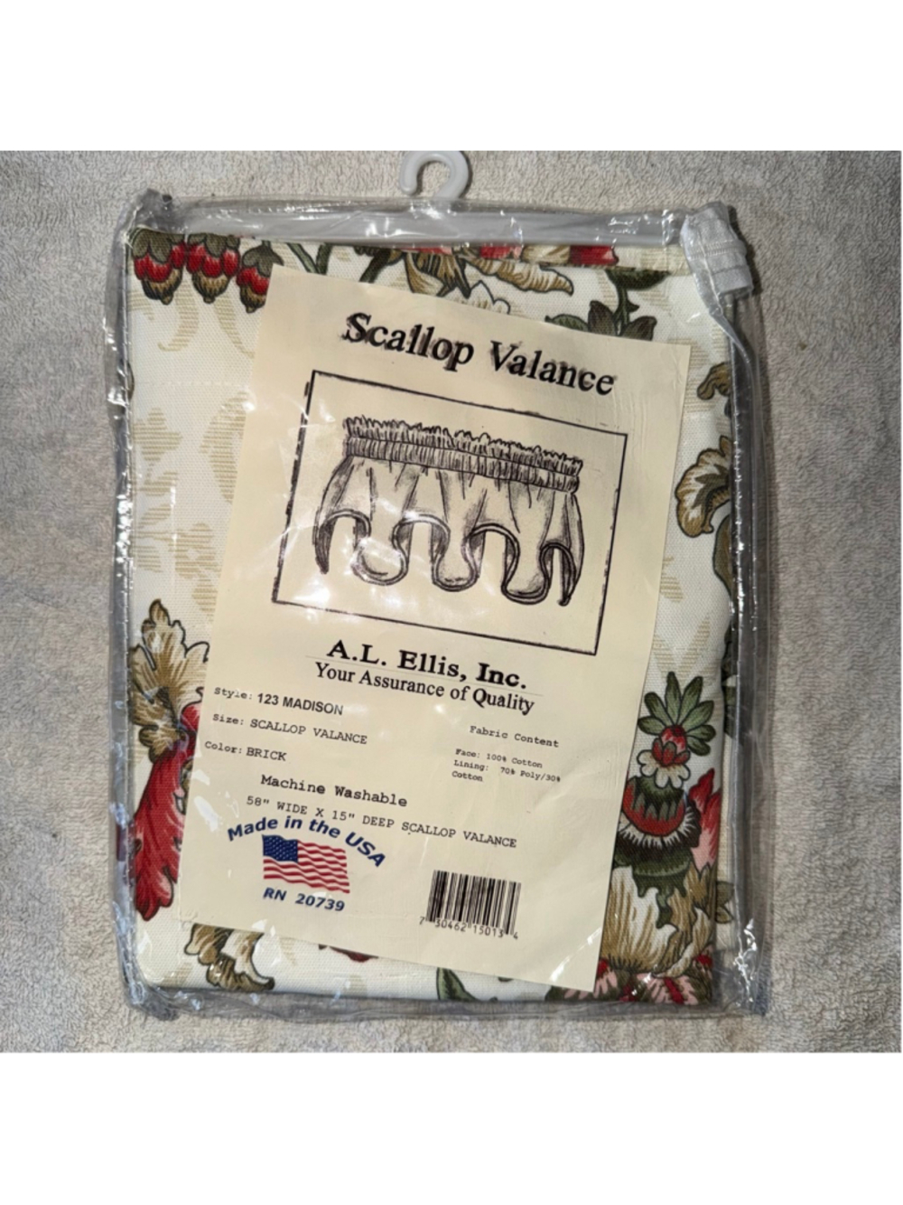 NIP A. L. Ellis Scallop Valance 100% Cotton Style 123 Madison 58”W x 15”D Brick